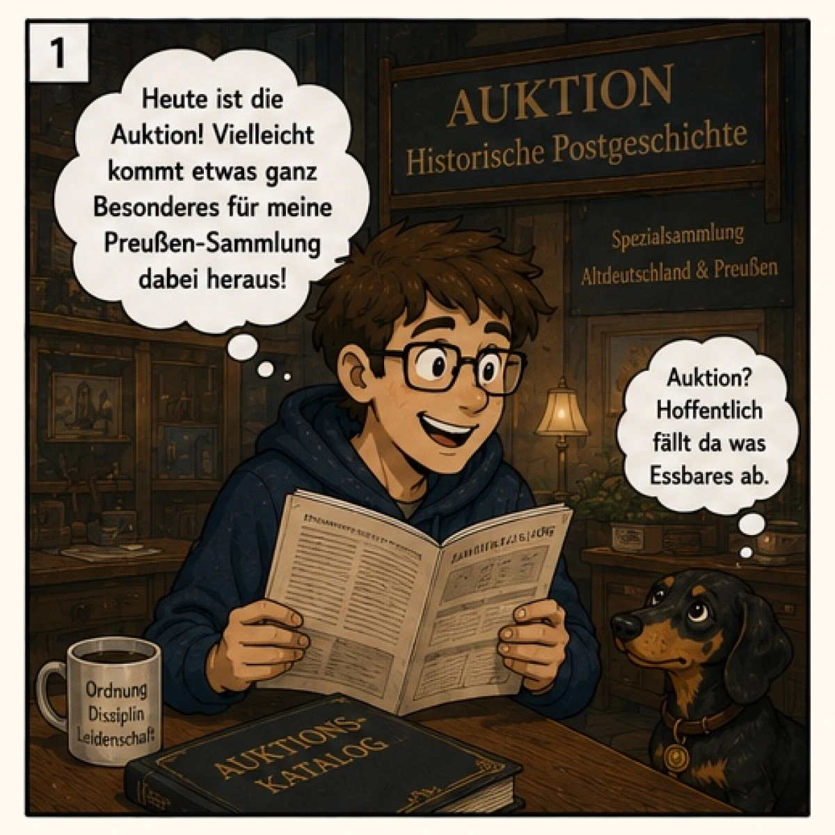Preußenphilatelist möchte auf einer Auktion etwas ersteigern, eine andere Person erhält den Zuschlag. - Bild 1