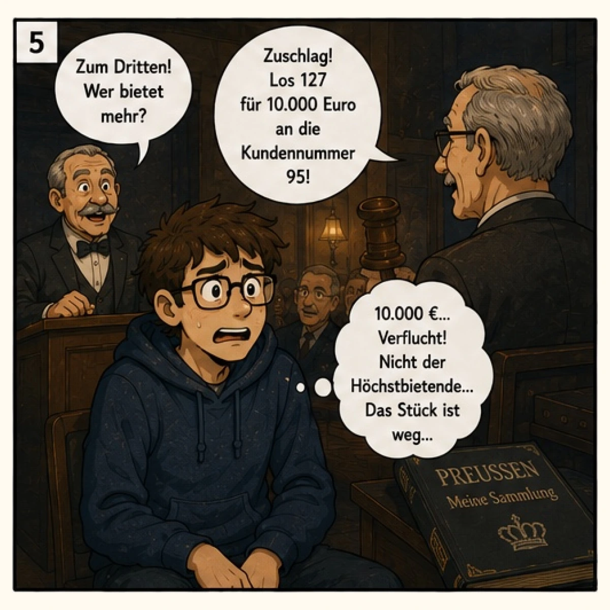 Preußenphilatelist möchte auf einer Auktion etwas ersteigern, eine andere Person erhält den Zuschlag. - Bild 5